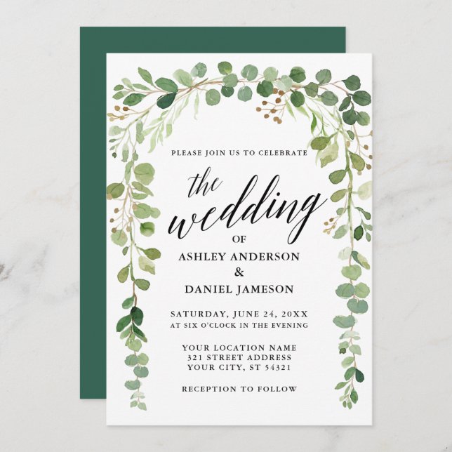 Watercolor Botanical Modern Calligraphy Wedding Invitation (Front/Back)