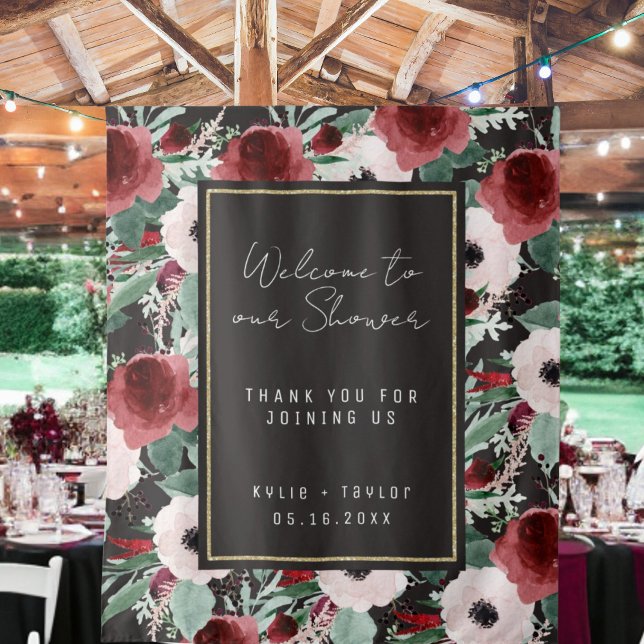Watercolor Botanical Muted Black Wedding Shower Tapestry (Creator Uploaded)