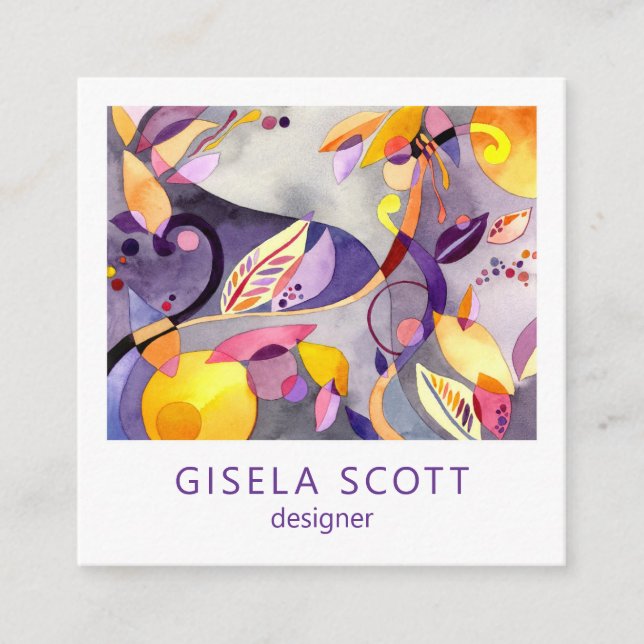 Watercolor Botanical Pattern Square Business Card (Front)