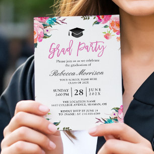 Watercolor Botanical Pink Floral Graduation Party Invitation
