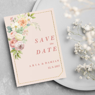 Watercolor botanical pink floral Save the Date Invitation