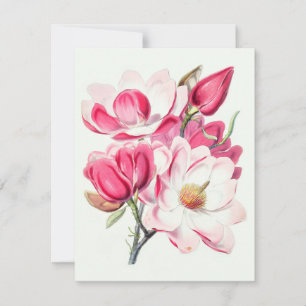 Watercolor Botanical Pink Magnolia Flowers Holiday Card