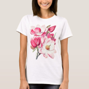 Watercolor Botanical Pink Magnolia Flowers T-Shirt