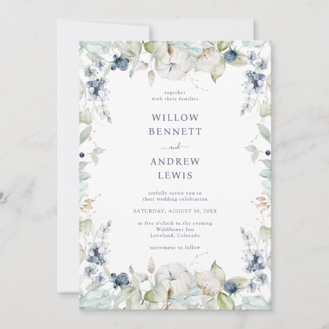 Watercolor Botanical Sage Navy Wedding Invitation (Front)