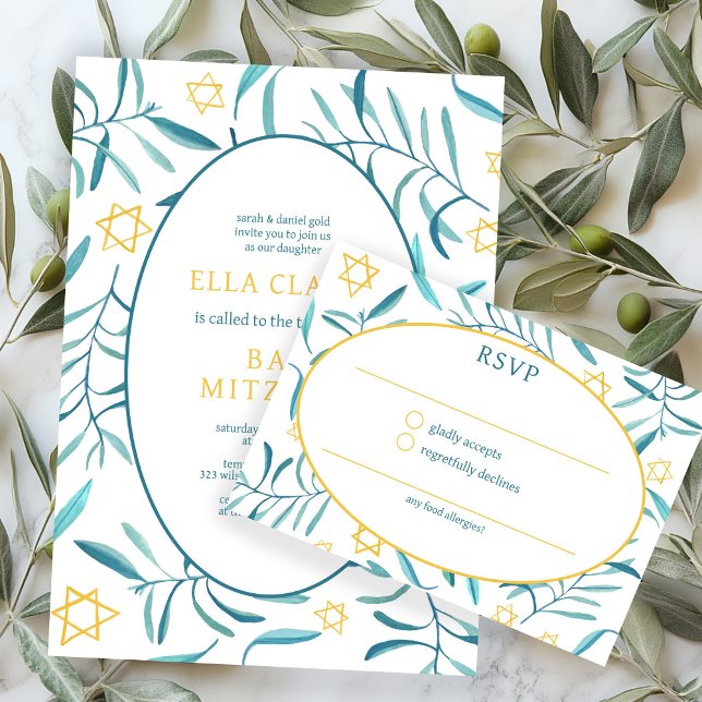 Watercolor Botanical Star David Bar Bat Mitzvah RSVP Card (Watercolor Botanical Star David Bar Bat Mitzvah RSVP Card
)