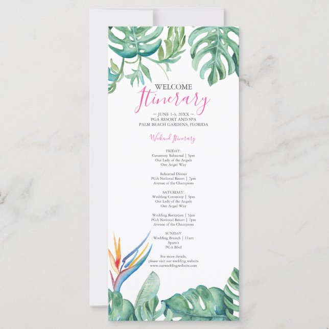 Watercolor Botanical Tropical Wedding Itinerary (Front)