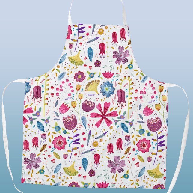 Watercolor Botanical Wildflower Art Apron (Modern watercolor floral wildflower art apron in pink, purple and teal on a white background.)
