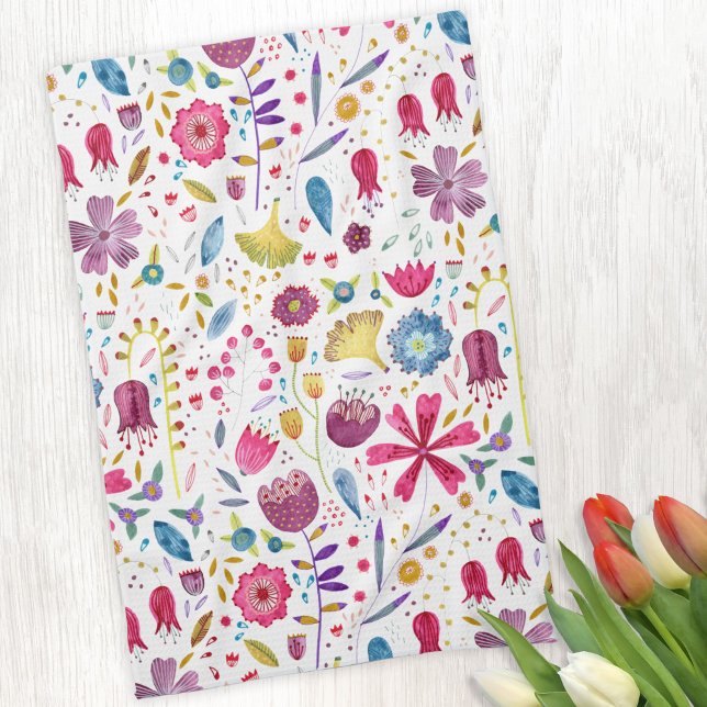 Watercolor Botanical Wildflower Hedgerow Painting Kitchen Towel (Watercolor wildflower tea towel)