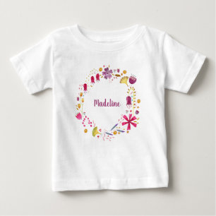 Watercolor Botanical Wildflower Wreath Custom Name Baby T-Shirt