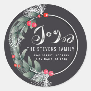 Watercolor botanical wreath script joy winter classic round sticker