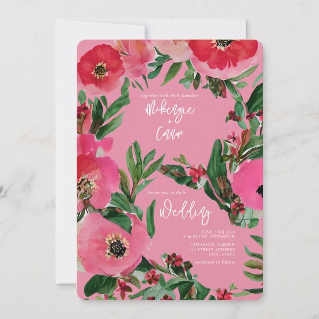 Watercolor Botanicals Anemone Pink Wedding Invitation (Front)