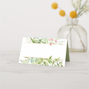Watercolor Botanicals Green Leaves Pink Flowers   Place Card