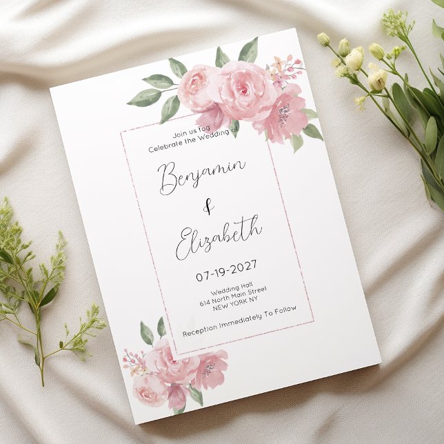 Watercolor botanicals pastel pink floral Wedding Invitation (Watercolor botanicals pastel pink floral Wedding )