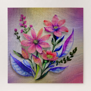 Watercolor Bouquet Flowers, Colourful Background   Jigsaw Puzzle