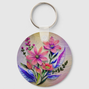 Watercolor Bouquet Flowers, Colourful Background   Keychain