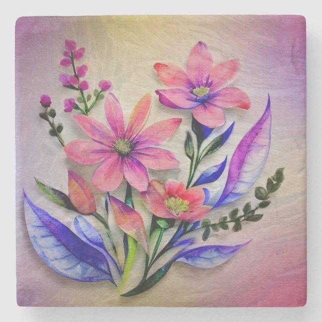 Watercolor Bouquet Flowers, Colourful Background   Stone Coaster (Front)