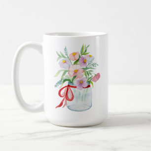 Watercolor bouquet of flowers in a vase with a rib coffee mug