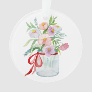Watercolor bouquet of flowers in a vase with a rib ornament