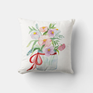 Watercolor bouquet of flowers in a vase with a rib throw pillow