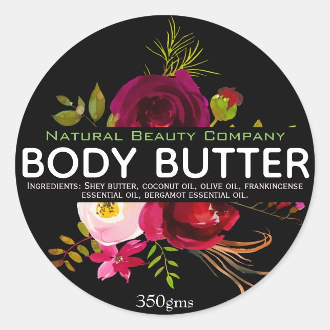 Watercolor Bouquet On Black Body Butter Labels (Front)