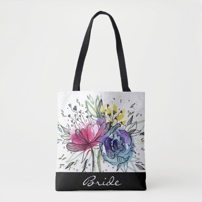 Watercolor Bouquet personalized tote bag. (Front)