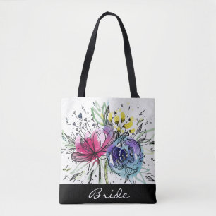 Watercolor Bouquet personalized tote bag. Bag