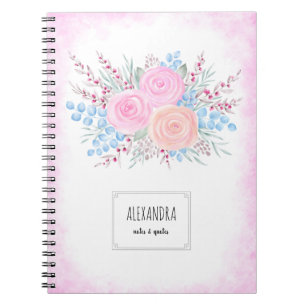 Watercolor Bouquet Pink Roses Blue Leaves Drops Notebook