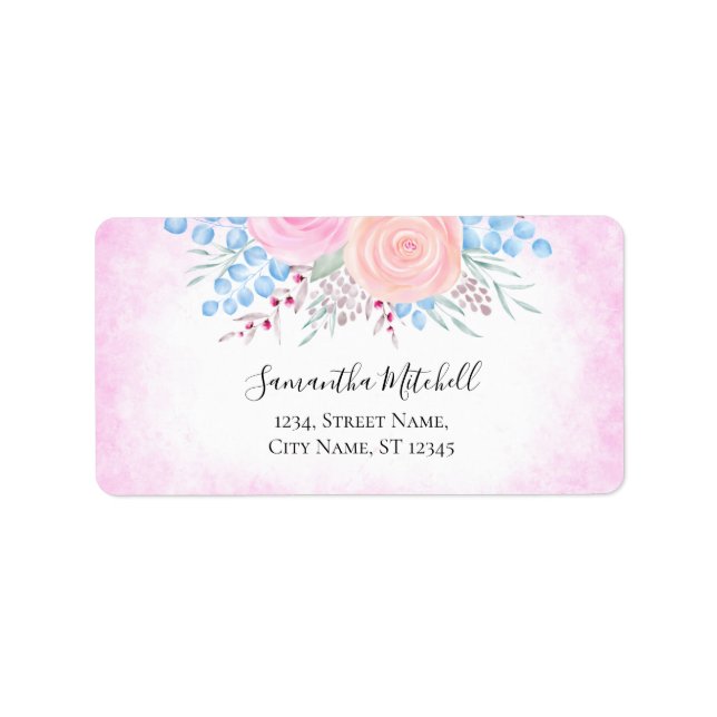 Watercolor Bouquet Pink Roses Blue Leaves Label (Front)