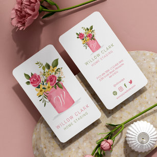 Watercolor Bouquet Potted Floral Roses Monogram Business Card