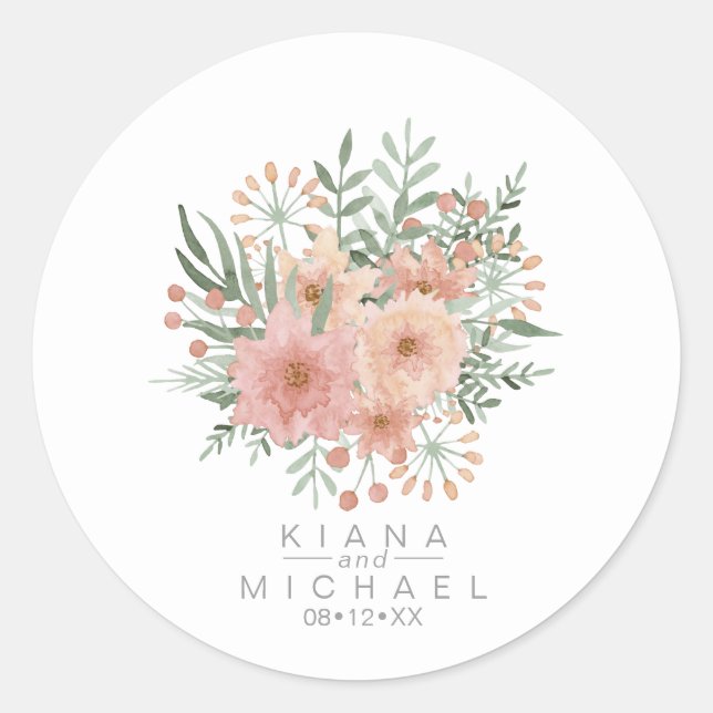 Watercolor Bouquet Wedding Blush ID654 Classic Round Sticker (Front)