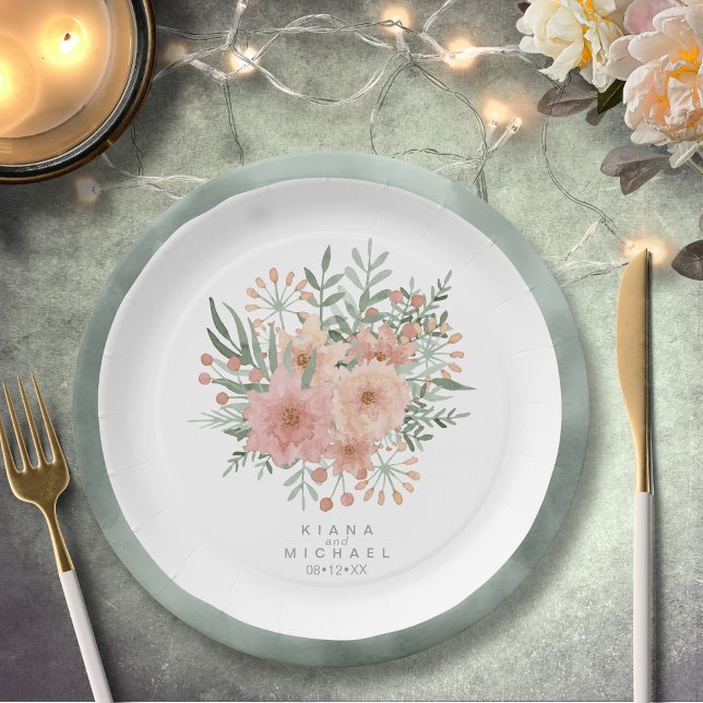Watercolor Bouquet Wedding Blush ID654 Paper Plate (Creator Uploaded)