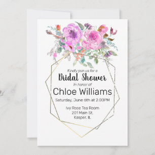 Watercolor Bouquet with Geometric Gold Frame Invitation