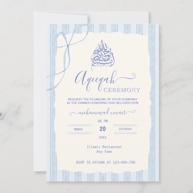 Watercolor Bow  Blue stripes Islamic Aqiqa Aqeeqa  Invitation (Front)