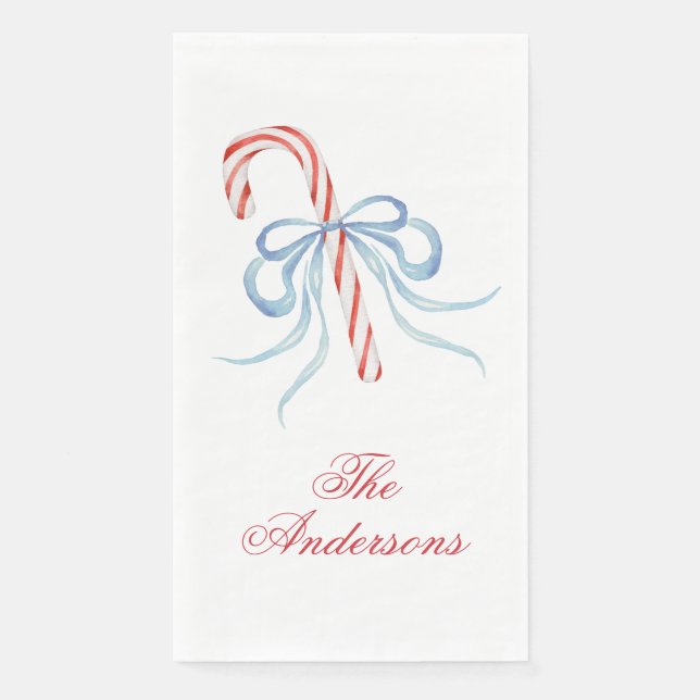 Watercolor Bow Candy Cane Napkin (Front)