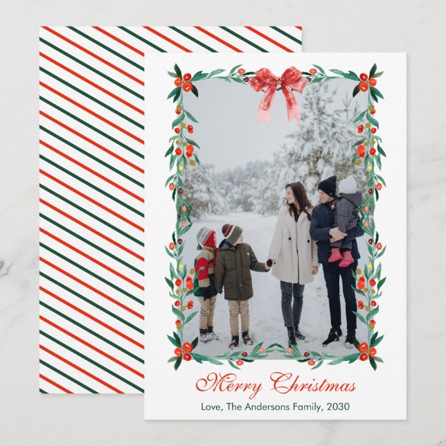 Watercolor Bow Christmas Greenery Berries Photo  Holiday Card (Front/Back)