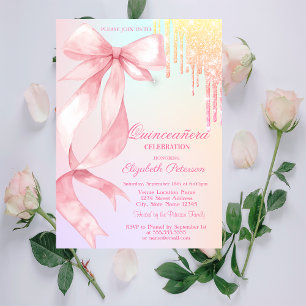 Watercolor Bow Glitter Drips Colorful Quinceañera Invitation