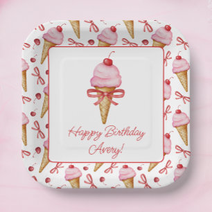 Watercolor Bow Pink Ice Cream Cone Party Paper Plate