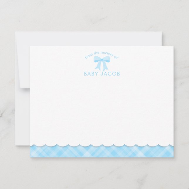 Watercolor Bow Preppy Blue Plaid Boy Baby Shower Card (Front)
