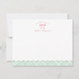 Watercolor Bow Preppy Pink Mint Plaid New Baby Card