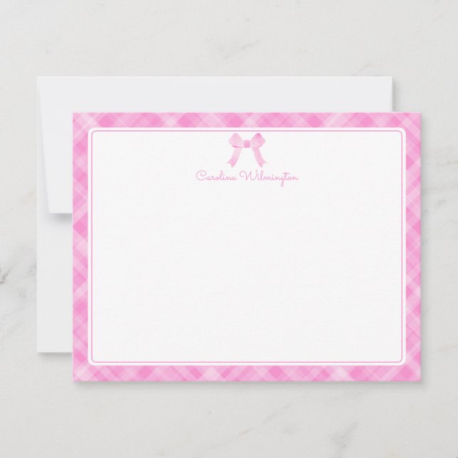 Watercolor Bow Preppy Pink Plaid Baby Note Card (Front)