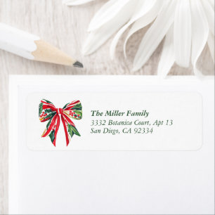 Watercolor Bow Red & Green Holly Return Address