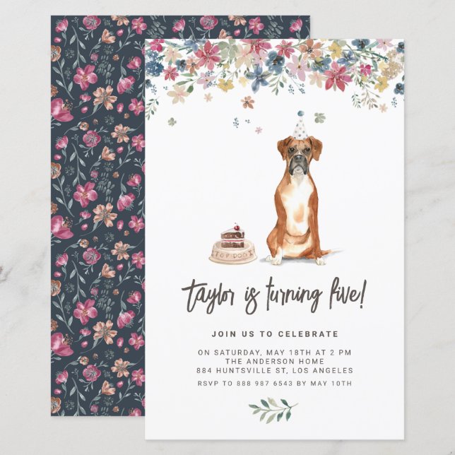 Watercolor Boxer Dog Birthday Party Invitation (Front/Back)
