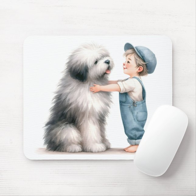 Watercolor Boy and His Dog Mouse Pad (With Mouse)