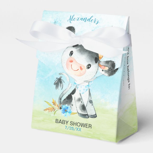 Watercolor Boy Cow Baby Shower Farm Favor Box (Front Side)