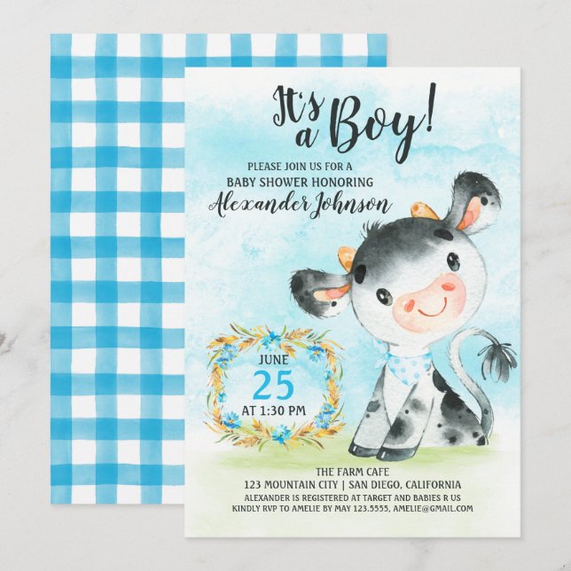 Watercolor Boy Cow Baby Shower Farm Invitation (Front/Back)