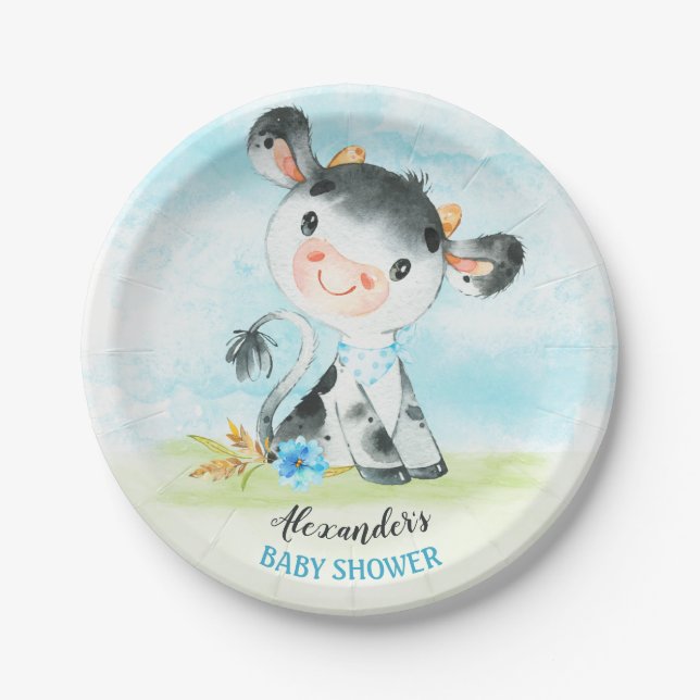 Watercolor Boy Cow Baby Shower Farm Paper Plate (Front)