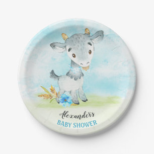 Watercolor Boy Goat Baby Shower Farm Paper Plate