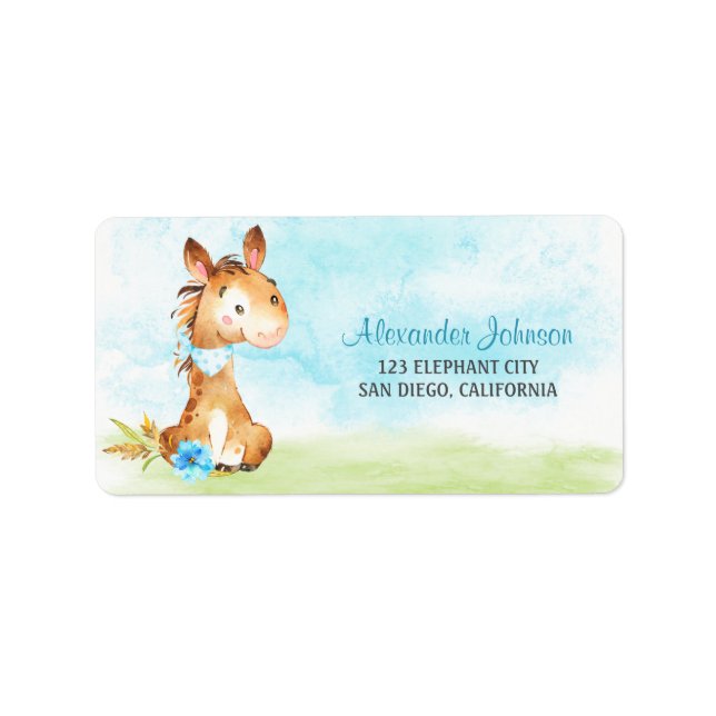 Watercolor Boy Horse Baby Shower Farm Label (Front)