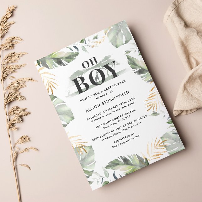 Watercolor Boy Palm Giraffe Safari Baby Shower Invitation (Oh Boy Safari Watercolor Baby Shower Invitation)