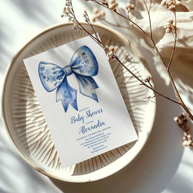 Watercolor Boy Ribbon Dusty Blue Bow  Invitation (Creator Uploaded)